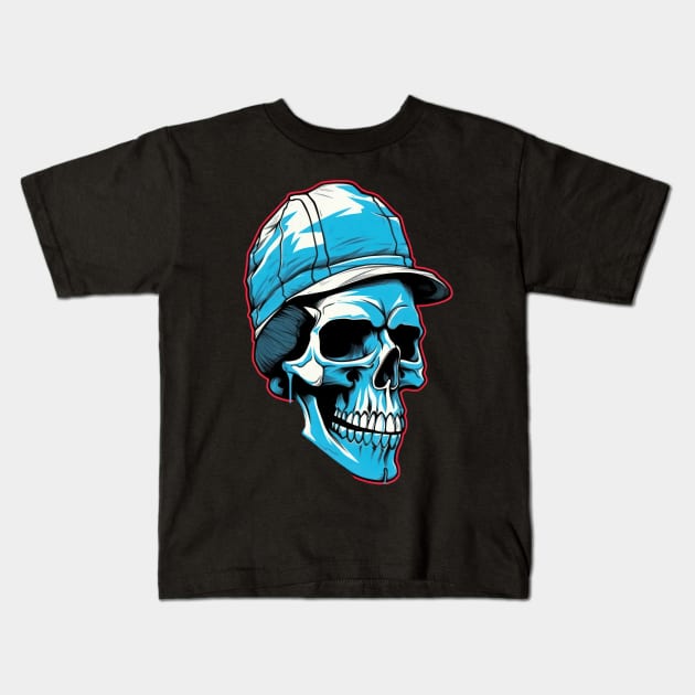 Feeling vintage and edgy with this retro skull art on spruce blue Kids T-Shirt by Pixel Poetry